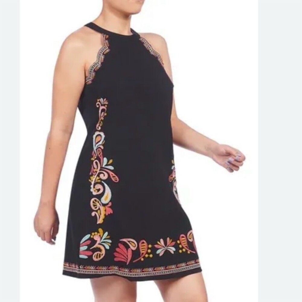 Cklass Dress Womens Size M Black Cotton Halter Neck Shift Mini Embroidered Boho